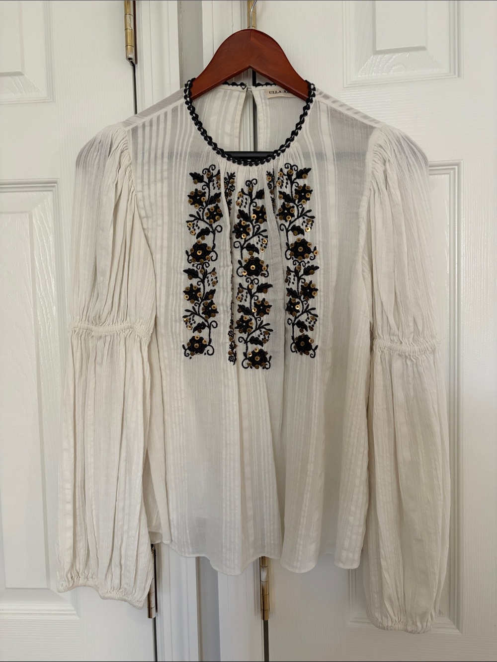 Ulla Johnson White Blouse with Black & Gold Floral Embroidery